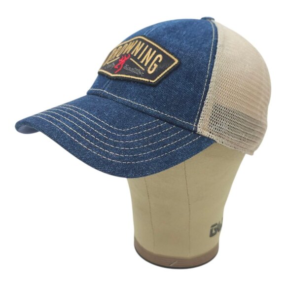 Browning Slack Denim Mesh Snapback Cap Trucker Baseball Logo Patch Hunter Hat - Picture 2 of 14